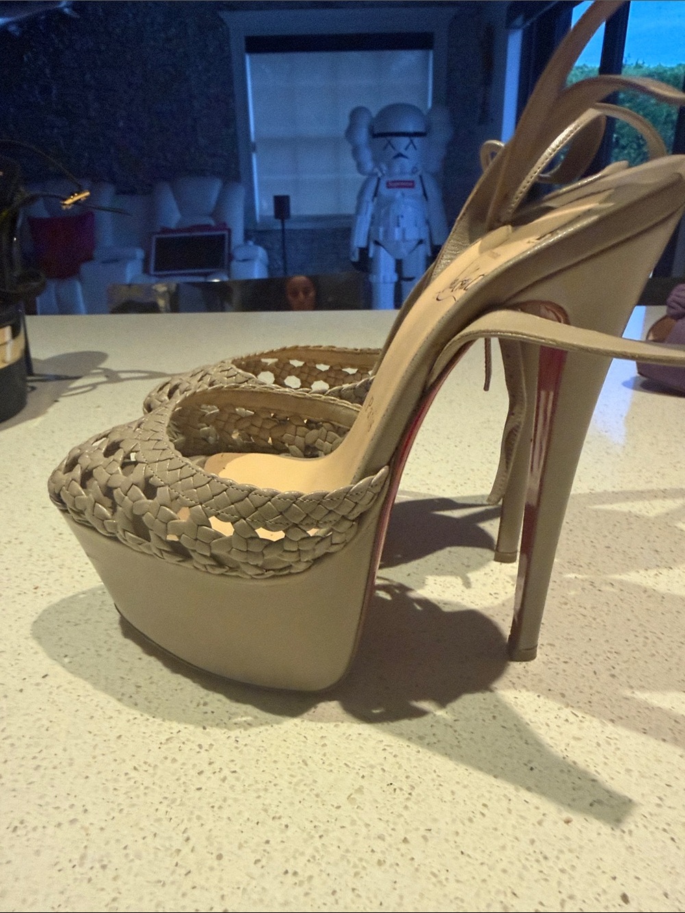 Christian Louboutin Taupe Woven Ankle-Strap Pumps